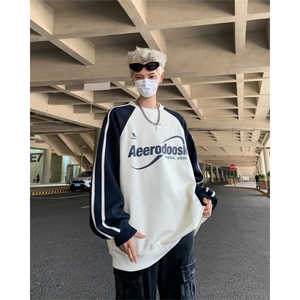 2024新款条纹拼色宽松卫衣圆领拼接外套情侣装班服现货 W8340-P42图片