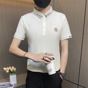 PL034-特P40社会小伙短袖T恤男夏季休闲潮牌修身翻领POLO衫网红,红棕色鞋搭配西服图片