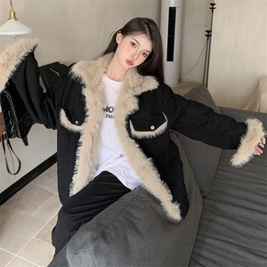A212-P120 夹棉加厚黑色牛仔外套冬季复古宽松拼接棉衣保暖棉服图片