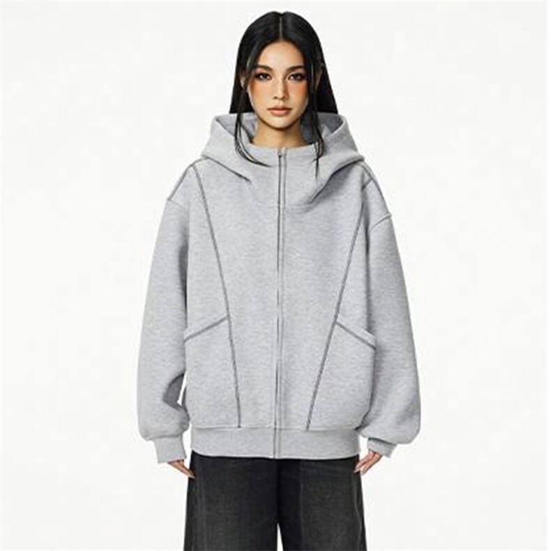 抖音得物高品质秋冬美式高街重磅结构辑明线纹理连帽卫衣外套W111，男装卫衣，电商A486