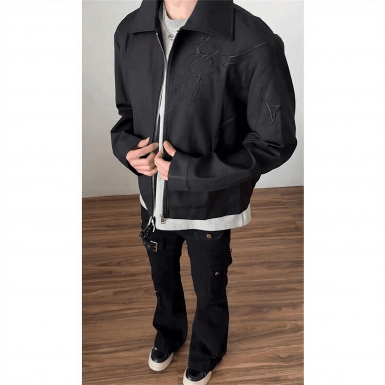 网图自制闪电纹刺绣夹克翻领外套男高街棒球服长袖夹克A768-P60,男装夹克,星座1505
