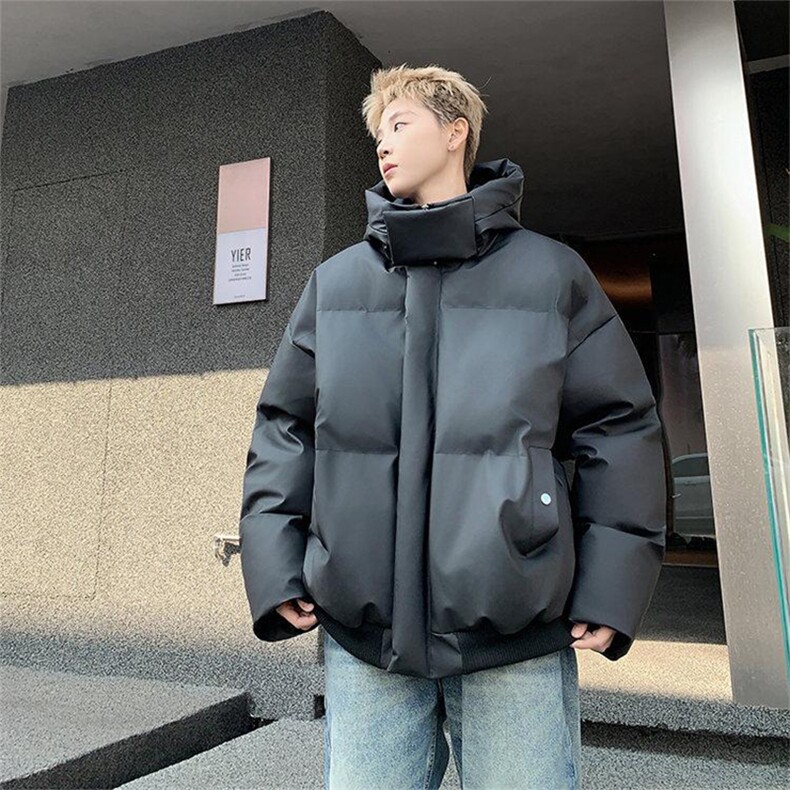 现货5W件冬季三防重磅boxy短款羽绒连帽PU皮棉衣外套防风加厚棉服,男装棉衣,电商A486