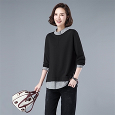 时尚宽松长袖T恤女秋装新款圆领拼接设计感小众上衣3508款，女装T恤，秋牧寒烟