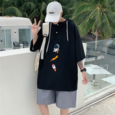 LD54165-P45连帽短袖t恤男大码胖子带帽五分袖中袖，男装T恤，电商A040