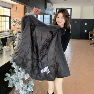 真狐狸大毛90羽绒服袖子也是羽绒新款系腰带修身显瘦中长款图片