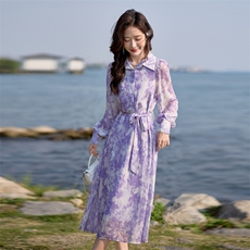 紫色碎花衬衫连衣裙女新款法式独特气质收腰裙子，女装连衣裙，韩蔻秀