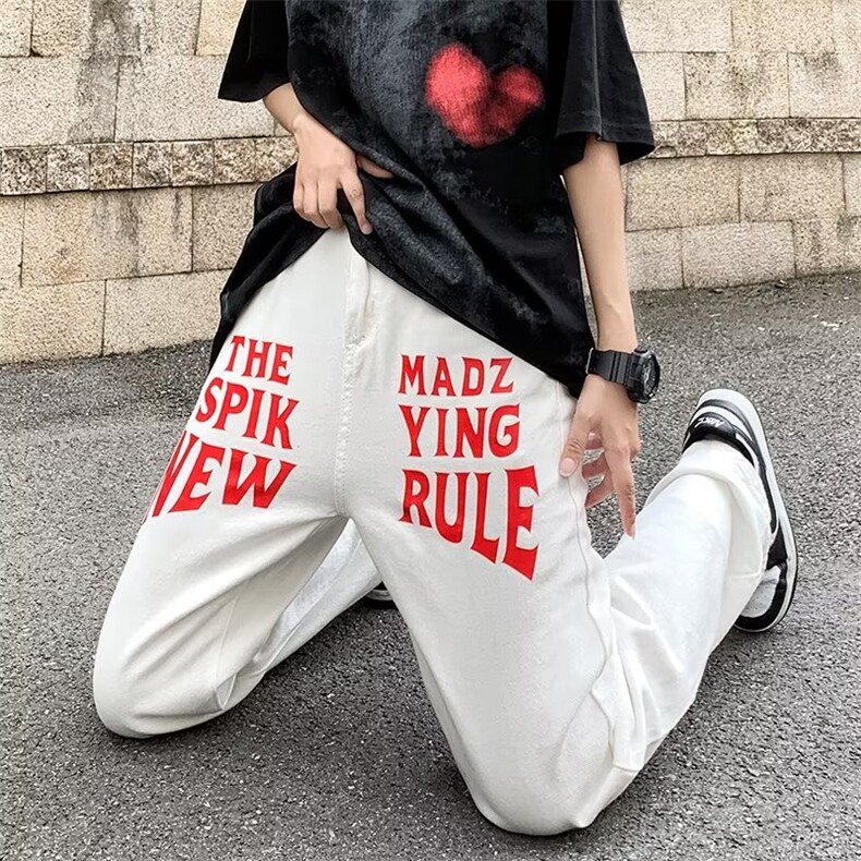美式街头小众复古字母印花牛仔裤男潮牌炸街裤子G117P40图片