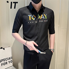店主风社会小伙男绣花七分袖衬衫男士休闲衬衣301A-1/CS565/P55，男装衬衫，星座301A-1