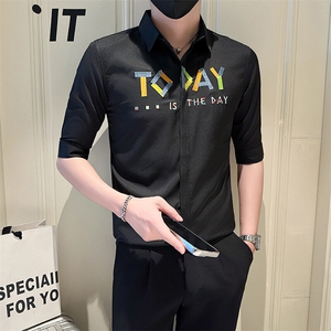 店主风社会小伙男绣花七分袖衬衫男士休闲衬衣301A-1/CS565/P55图片