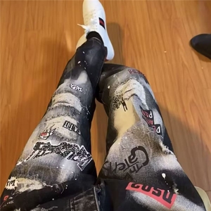 1506/Q9330/P59秋季新款潮牌贴布牛仔裤潮流小脚弹力个性长裤子图片