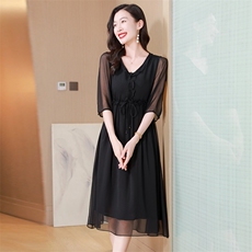 纯色高端真丝连衣裙2025新款女高级感年轻妈妈夏装桑蚕丝气质长裙，女装连衣裙，阿舍尔精品