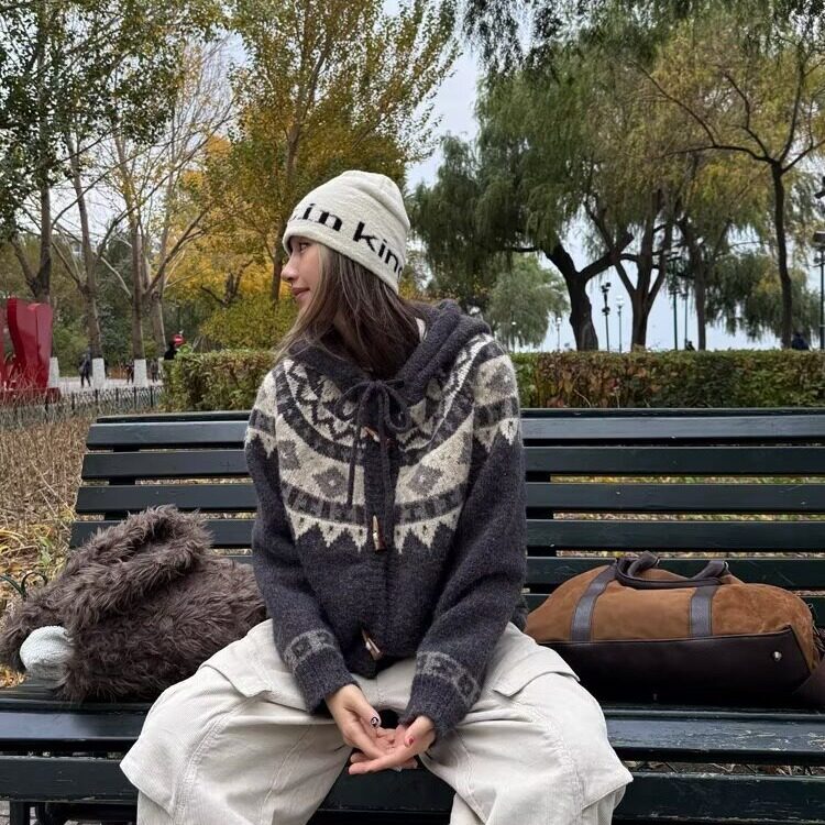 2025美式慵懒休闲北欧提花宽松显瘦针织牛角纽扣连帽开衫毛衣MY72,男装针织衫/毛衣,星座516A