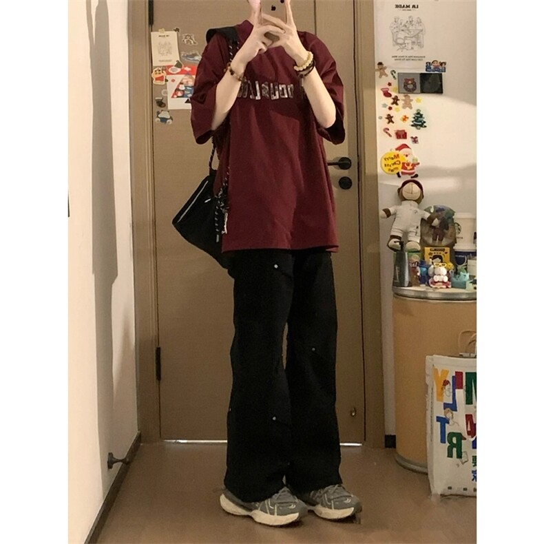 巴家重磅暗红色短袖垫肩T恤软金属立体印花宽松体恤T2429-P35,男装T恤,星座1213