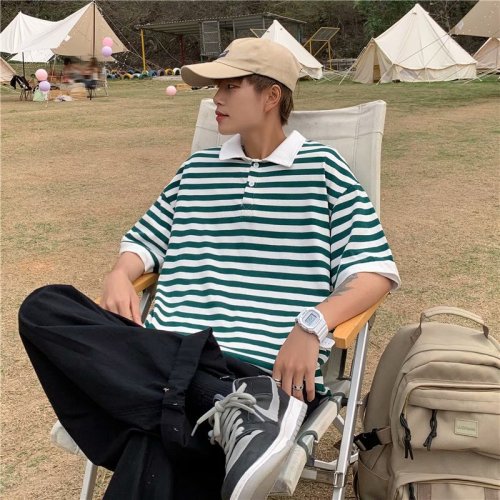 2021夏季新款POLO衫男港风潮流条纹t恤短袖痞子帅气上衣W389-P32,男装Polo衫,星座412-2
