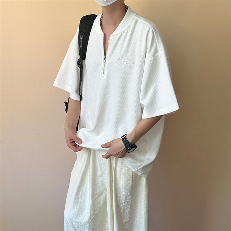 现货-夏季新品半拉链华夫格短袖男潮牌百搭宽松T恤-AT23008-P55图片