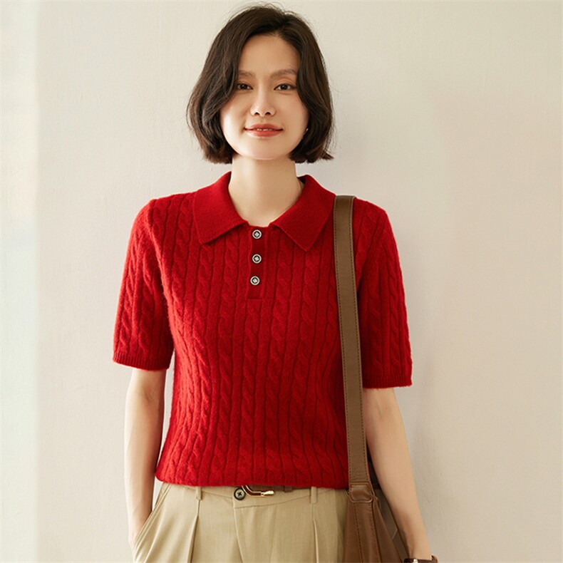 小baby山羊绒衫女春秋新款Polo领麻花短袖T恤显瘦毛衣针织打底衫,女装羊绒衫,纳丰羊绒