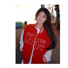 棒球服外套女春新款珍珠钉珠红色夹克宽松情侣潮牌上衣W6459-P70，男装夹克，星座412-1