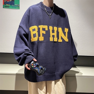 秋冬季潮牌条纹针织衫男日系复古宽松V领毛衣帅气休闲内搭线衣
