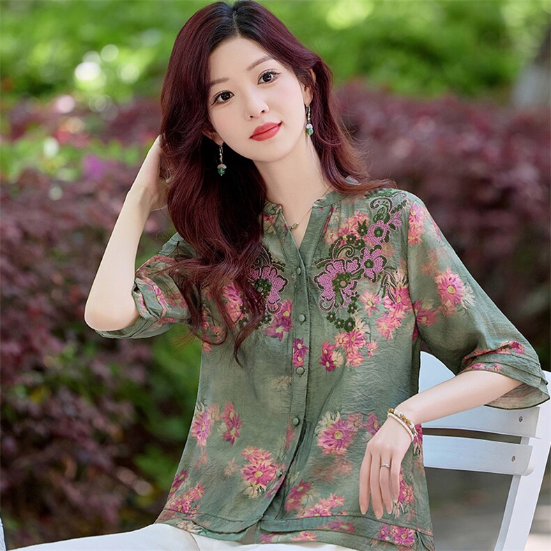 现货！夏季新款2025套装女简约时尚优雅气质天丝麻料印花刺绣上衣,女装衬衫,涵墨