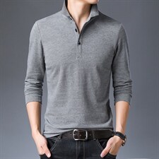 长袖T恤男翻领休闲上衣2023春季新款中年男士纯色纯棉polo衫男装图片