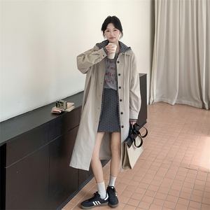 格纹风衣连帽常规长款拼接中长款大衣女秋季小个子春秋气质时尚图片