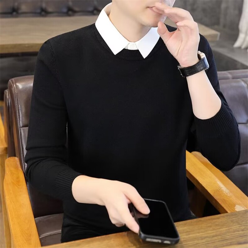 毛衣男冬季2025新款韩版假两件内搭衬衫领带领打底针织衫,男装T恤,星座410-6（原星座1304-1）