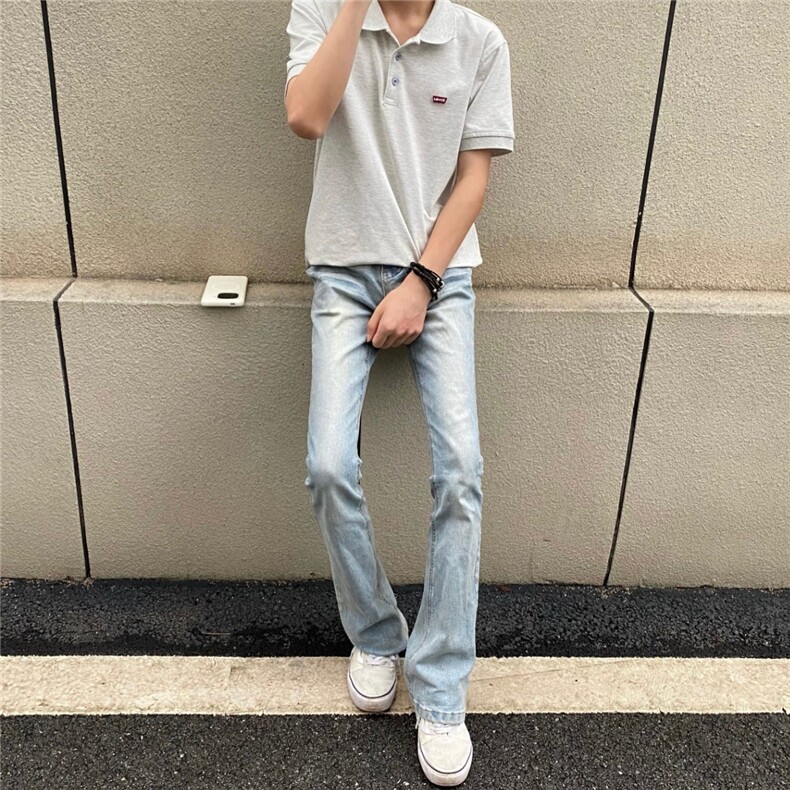 复古水洗浅蓝牛仔裤男微喇修身显瘦长裤子美式潮牌HV8806P45,男装牛仔裤,星座1112-1