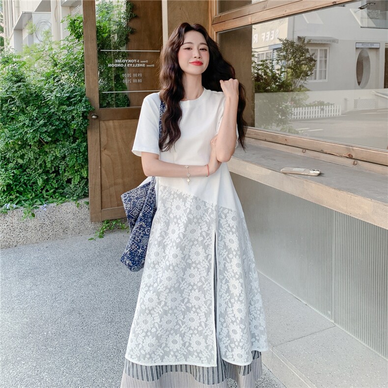 白色拼接假两件连衣裙女2025年夏季新款时尚独特绝美减龄显瘦裙子,女装连衣裙,2B219