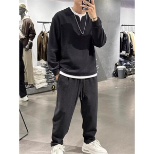 秋冬季男士新款肌理感拼接假两件卫衣简约时尚百搭休闲纯色打底衫图片