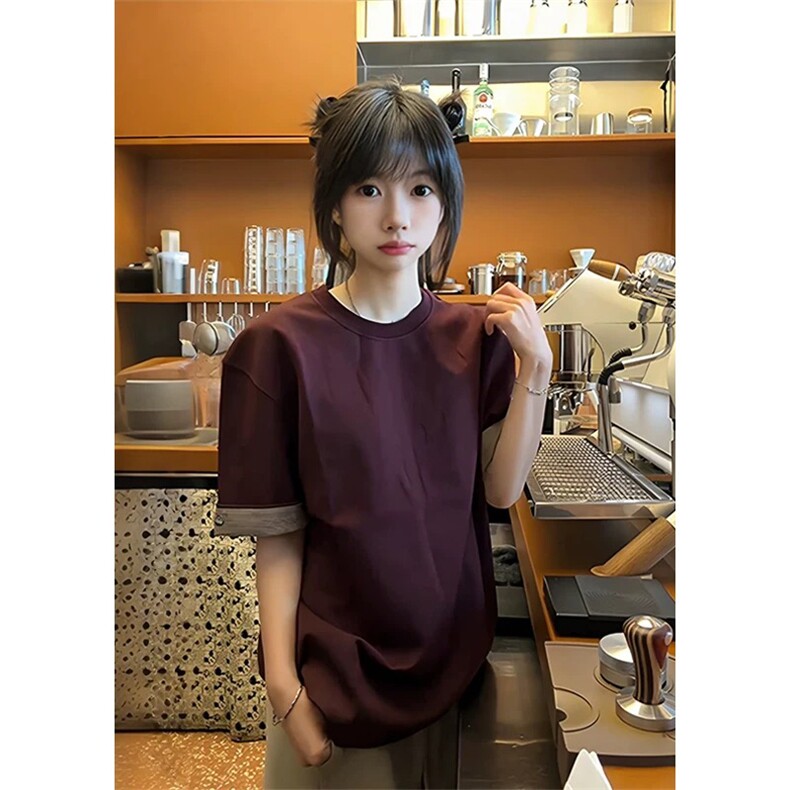 网图有货夏季千鸟格袖口撞色美式复古短袖宽松T恤男女A650-P35,男装T恤,星座1505