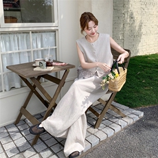 设计感小香风马甲阔腿裤套装女2025夏新款法式漂亮复古气质两件套，女装套装/套裙，2C258
