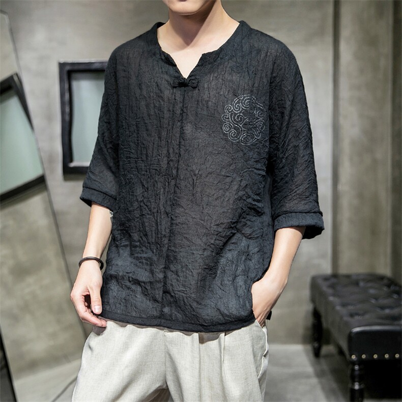 606P30室内风2024春夏装新款百搭时尚V领盘扣仿亚麻七分袖T恤,男装T恤,电商A026