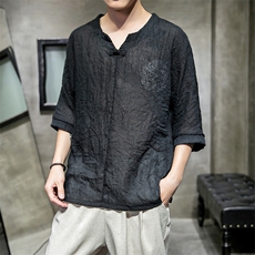 606P30室内风2024春夏装新款百搭时尚V领盘扣仿亚麻七分袖T恤，男装T恤，电商A026