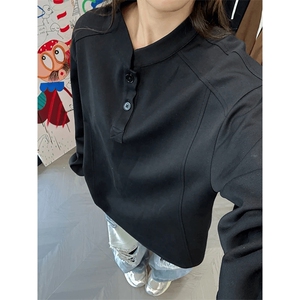 抖音得物品质美式高街重磅曼巴棉拼接cleanfit亨利领卫衣长袖T恤图片