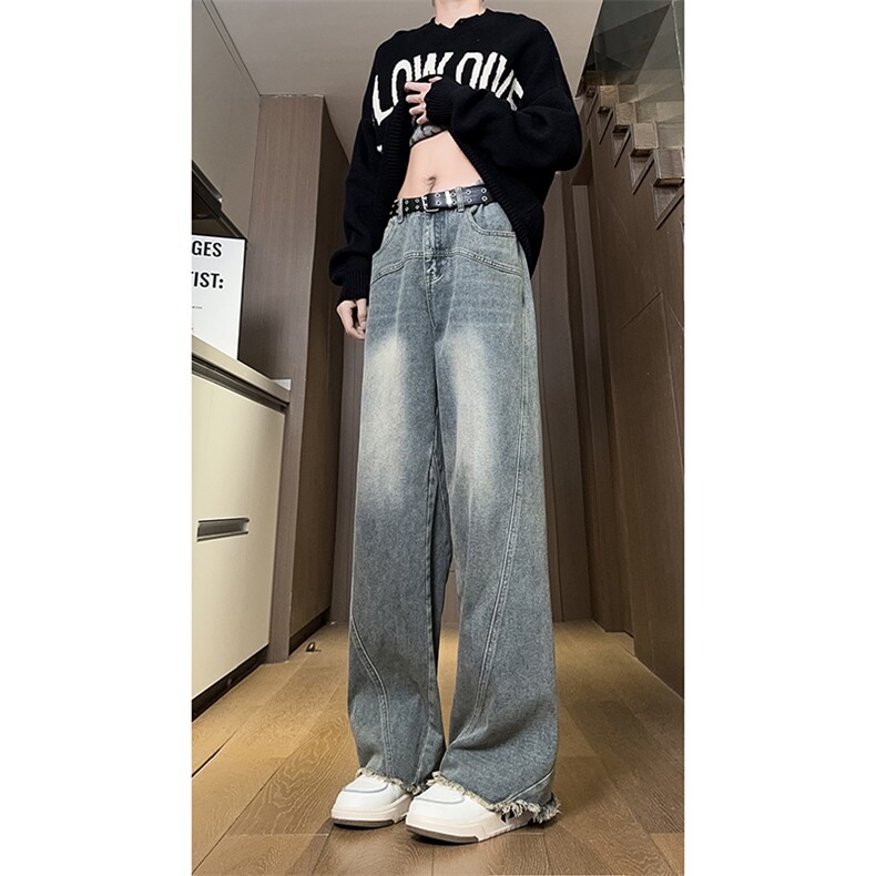 现货直筒渐变休闲裤女宽松复古蓝毛边牛仔裤男K5825-P55控78,男装休闲裤,星座205