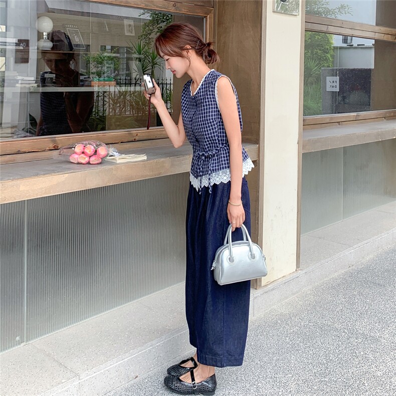 盐甜系小个子格纹背心套装女夏新款轻薄休闲显瘦牛仔阔腿裤两件套,女装套装/套裙,2C239