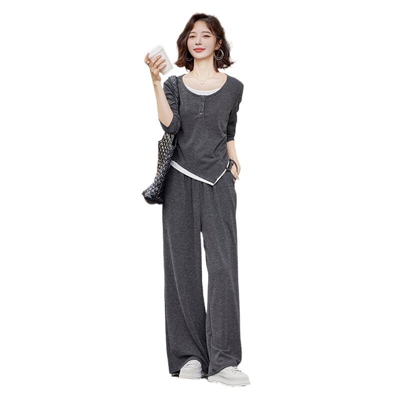 现货新款针织假两件套上衣+阔腿裤两件套,女装套装/套裙,乔米娜