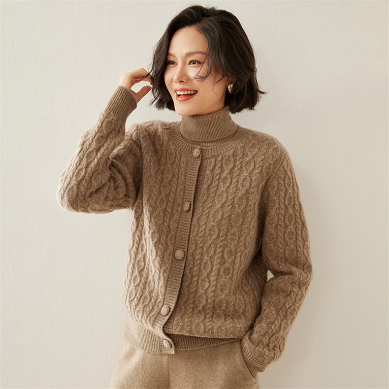 2024秋季新款圆领扭花长袖开衫复古百搭35%羊绒衫，女装羊绒衫，蚂蚁派对工厂直营店