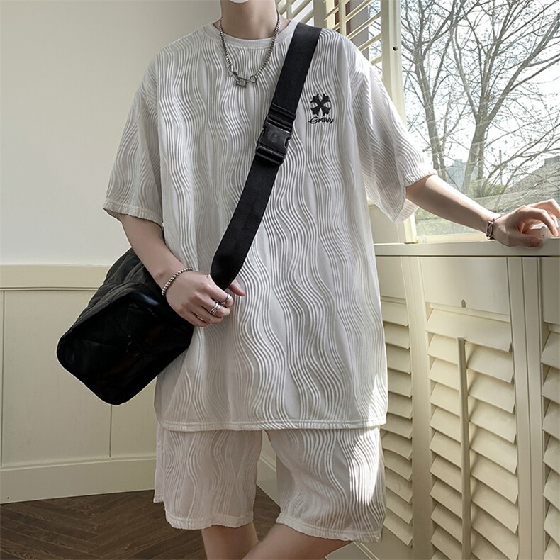 2023夏季休闲透气大码刺綉T恤短裤运动套装XZ80007-P65，男装休闲套装，电商A042