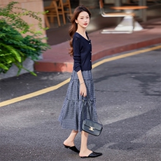 2025年秋季女新款时尚气质优雅针织上衣吊带修身连衣裙套装，女装套装/套裙，艾贝斯