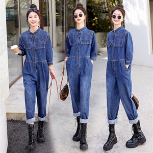 时尚显瘦牛仔连体裤女宽松高腰长袖休闲工装裤百搭气质外套春装新款，女装连体裤，秋水欣儿