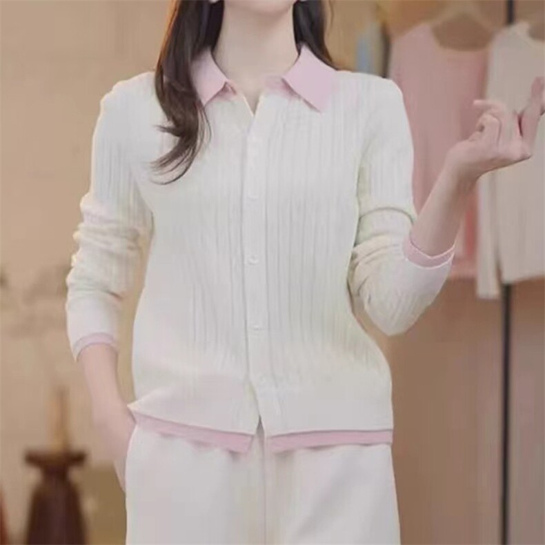时尚百搭纯毛翻领扭花双层领开衫优雅显瘦长袖针织衫,女装羊毛衫,忠诺羊绒