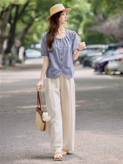 时尚气质休闲套装女2025夏季全棉条纹衬衫上衣阔腿裤显瘦两件套，女装套装/套裙，依万里