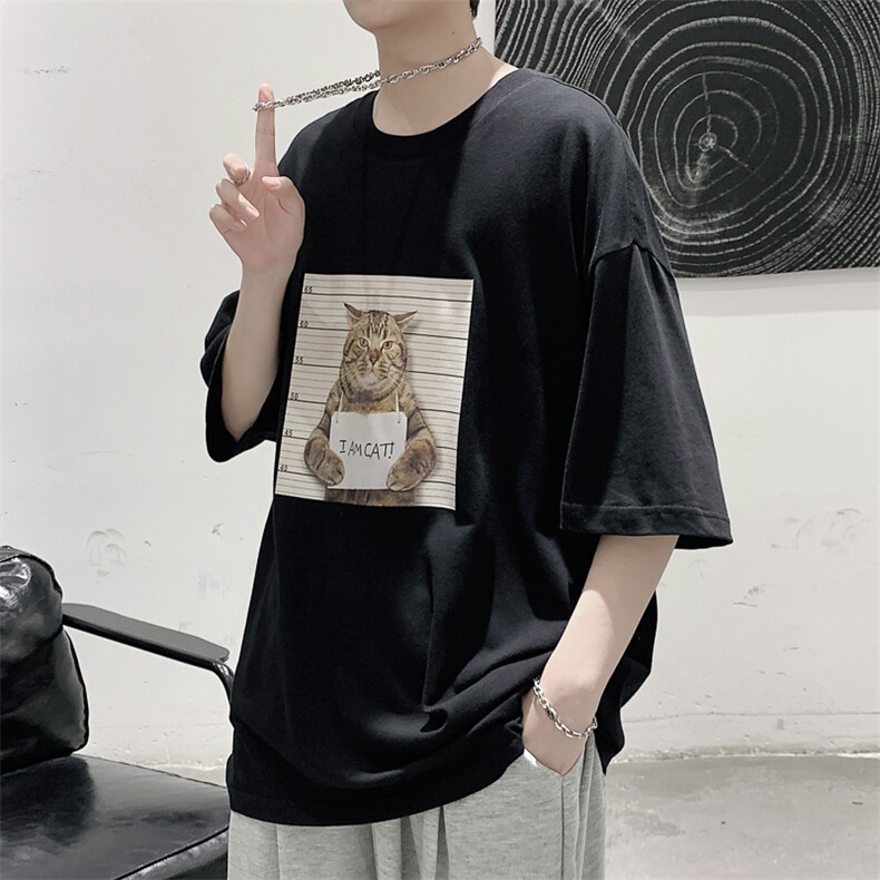 韩系素简监狱猫印花短袖T恤大码宽松男潮517A-1-T916-P28控38图片