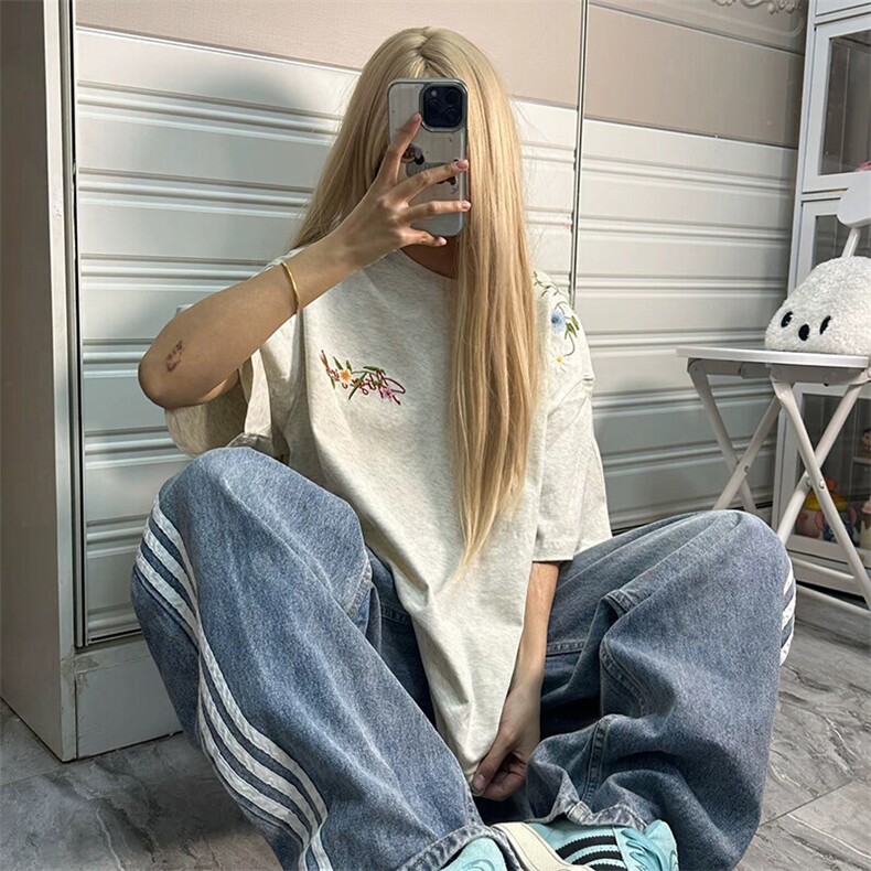 万针全刺绣工艺抖音得物高品质260克重磅纯棉双纱美式高街短袖T恤,男装T恤,电商A486