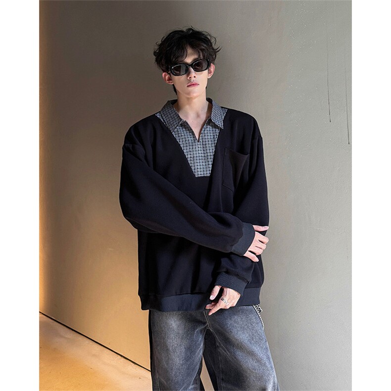 WY10153-特P48控88小众撞色面料拼接格子假两件大码男宽松卫衣,男装卫衣,电商A059