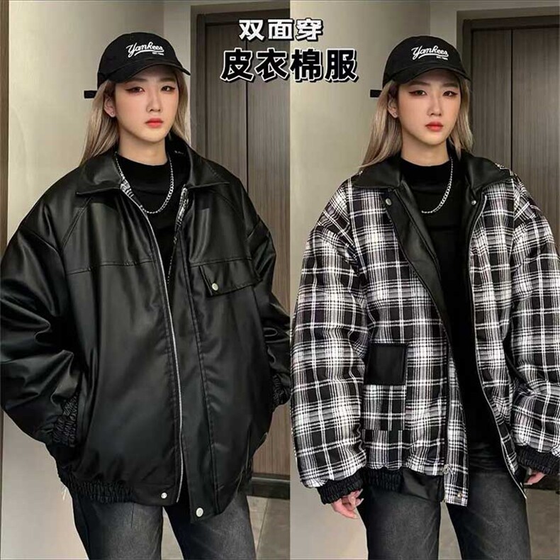 网络图数据双面穿格子皮棉衣美式翻领百搭休闲棉服MF1088P110，男装皮衣，电商A128