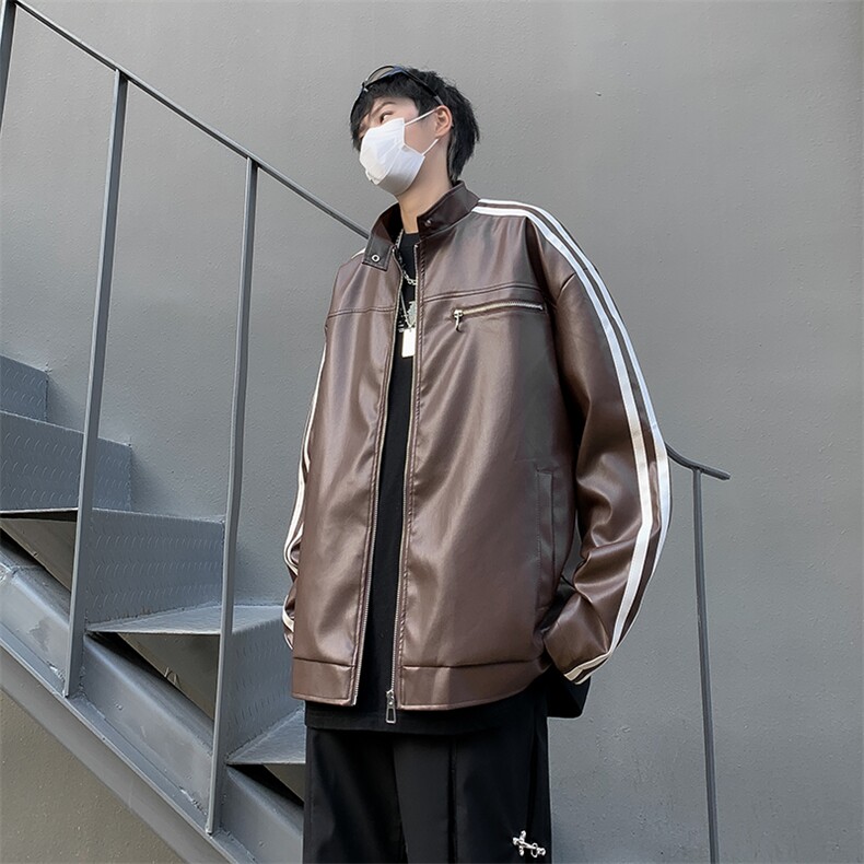 秋冬修身立领皮衣休闲机车夹克外套潮男网红情侣时尚防风上衣图片