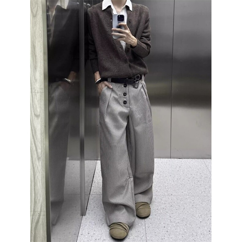 WOKEASIA千鸟格复合打褶排扣a字阔腿西裤老钱风cleanfit通勤百搭,男装西裤,星座506A