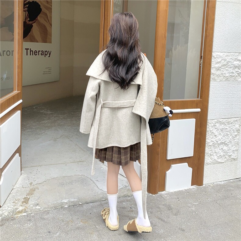 双面羊毛呢短外套女2025秋冬新款可脱卸围巾领两穿小个子呢子大衣,女装双面呢大衣,琦鑫阁（原依鑫阁）